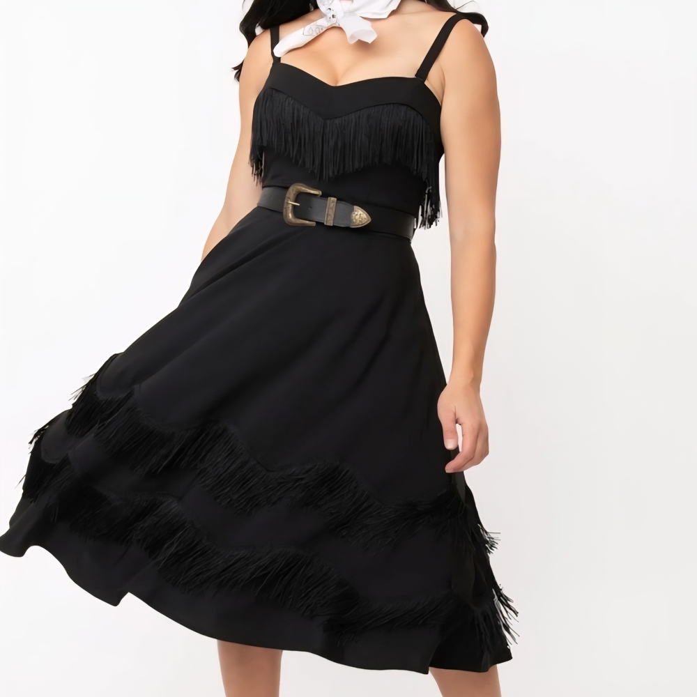 Unique Vintage Black Fringe Dress